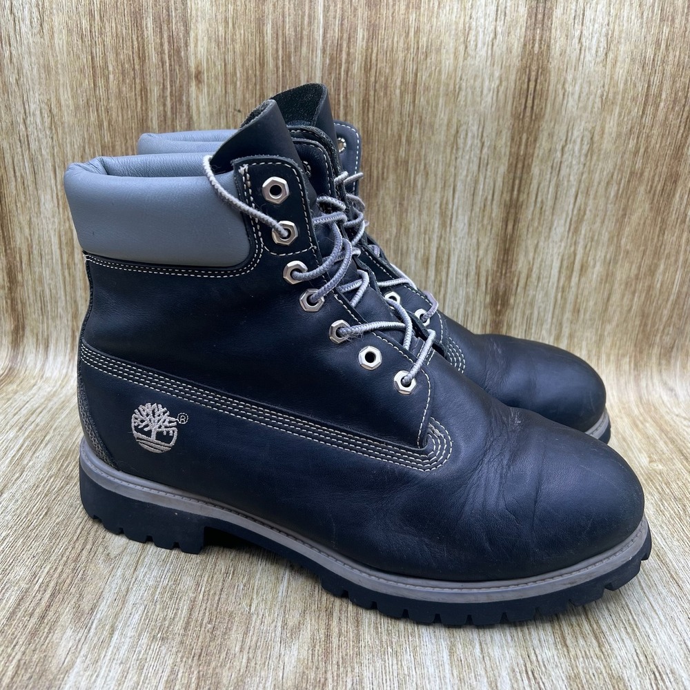 Timberland 6-Inch Premium Boot Men's Size 10.5 W Black Leather Grey Collar 31181
